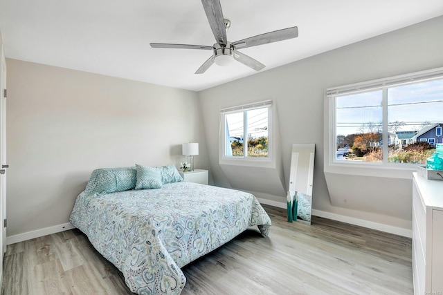 bedroom featuring ceiling fan and light hardwood / wood-style flooring