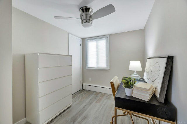 home office featuring light hardwood / wood-style floors, baseboard heating, and ceiling fan