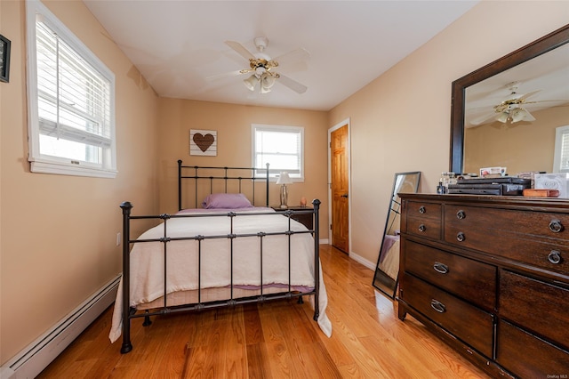 bedroom featuring ceiling fan, light hardwood / wood-style floors, and baseboard heating