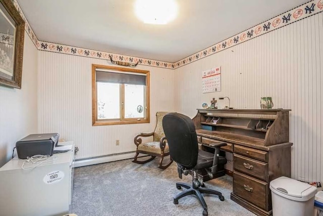 office area featuring carpet flooring and a baseboard radiator