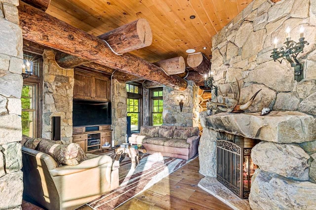 living room featuring a fireplace, beamed ceiling, wooden ceiling, and hardwood / wood-style flooring