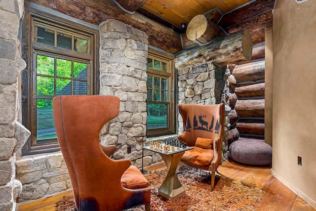 sitting room featuring hardwood / wood-style flooring and wood ceiling