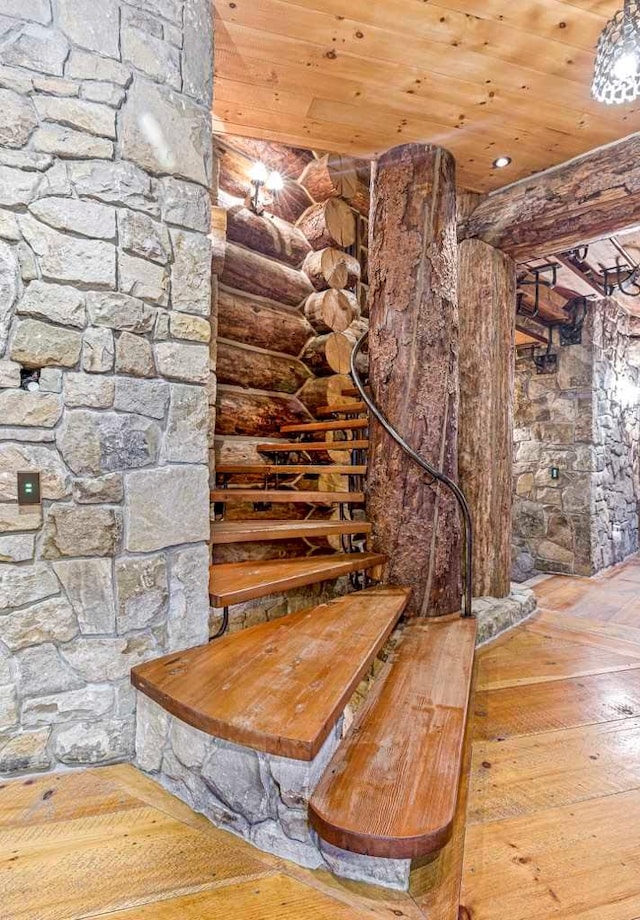 room details featuring log walls, wood-type flooring, and wooden ceiling