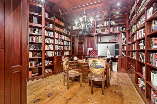 office space with wooden walls, light hardwood / wood-style flooring, beamed ceiling, and coffered ceiling