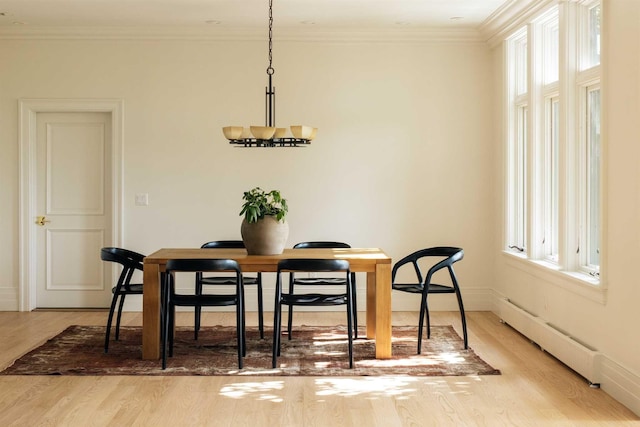 dining area with crown molding, light hardwood / wood-style floors, and a baseboard radiator