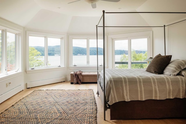 bedroom with light hardwood / wood-style floors, multiple windows, and ceiling fan