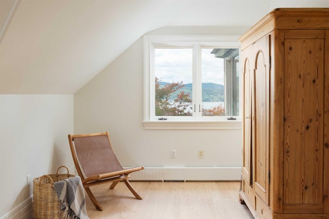 sitting room featuring a mountain view, light hardwood / wood-style floors, and lofted ceiling