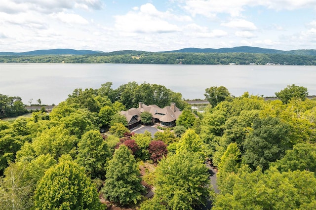 drone / aerial view featuring a water and mountain view