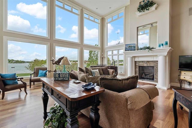 living room featuring light hardwood / wood-style floors, a wealth of natural light, and a towering ceiling