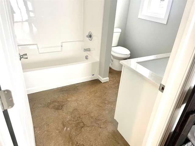 full bathroom with toilet, vanity, and washtub / shower combination