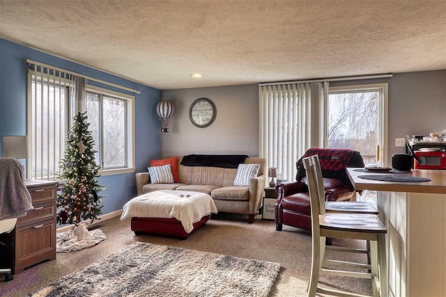 carpeted living room featuring a textured ceiling and a wealth of natural light