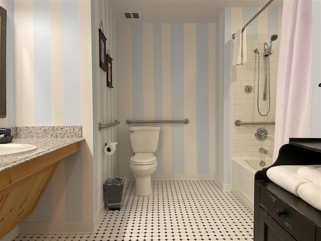 full bathroom with shower / bath combination with curtain, toilet, vanity, and tile flooring