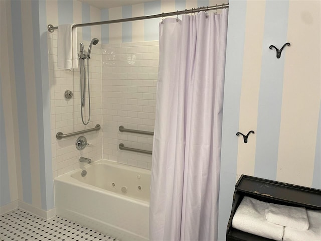 bathroom with shower / tub combo and tile flooring