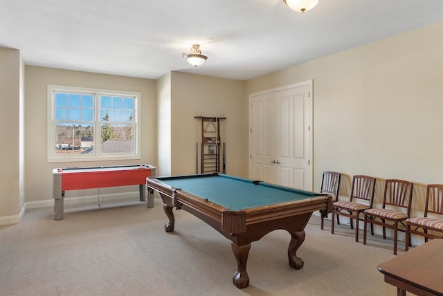 playroom with light carpet and billiards