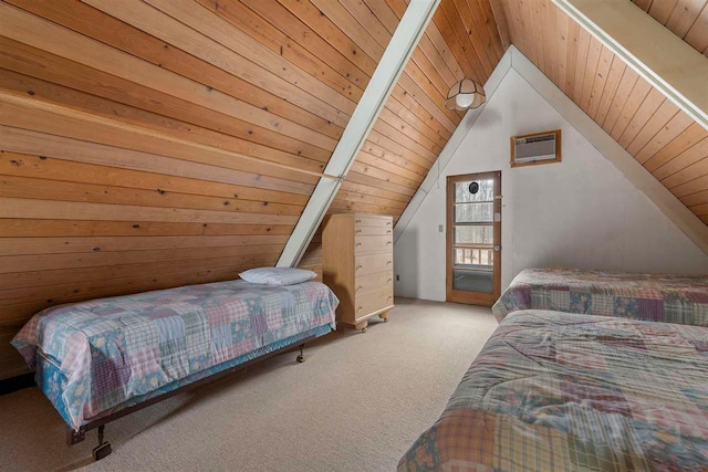 bedroom featuring carpet flooring, wooden walls, vaulted ceiling with beams, a wall mounted AC, and wooden ceiling