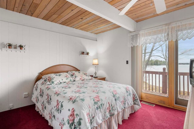 bedroom featuring ceiling fan, access to outside, carpet flooring, beam ceiling, and wooden ceiling