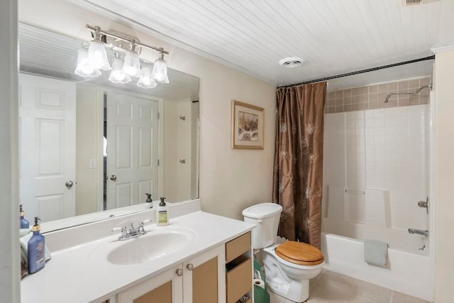 full bathroom featuring vanity, shower / bathtub combination with curtain, toilet, and tile flooring