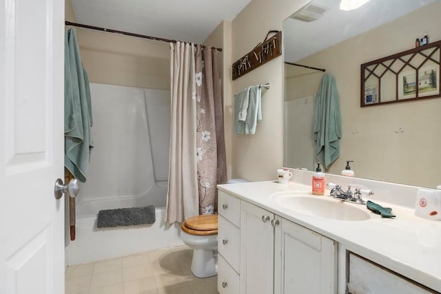 full bathroom with large vanity, shower / bath combination with curtain, toilet, and tile flooring