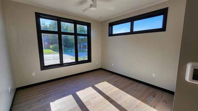 empty room featuring a wealth of natural light, ceiling fan, and light hardwood / wood-style floors