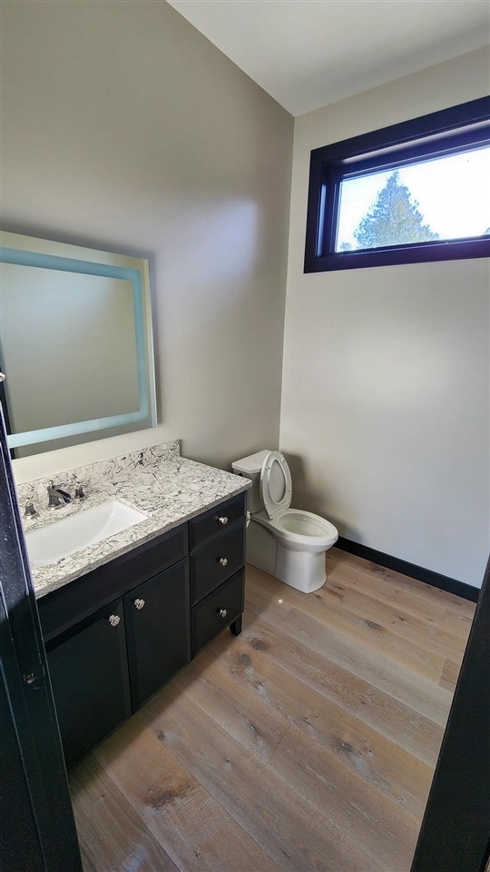 bathroom with toilet, hardwood / wood-style floors, and vanity