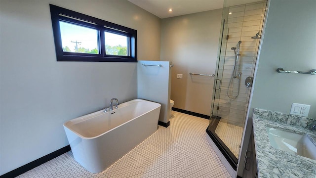 full bathroom featuring tile patterned flooring, plus walk in shower, toilet, and vanity