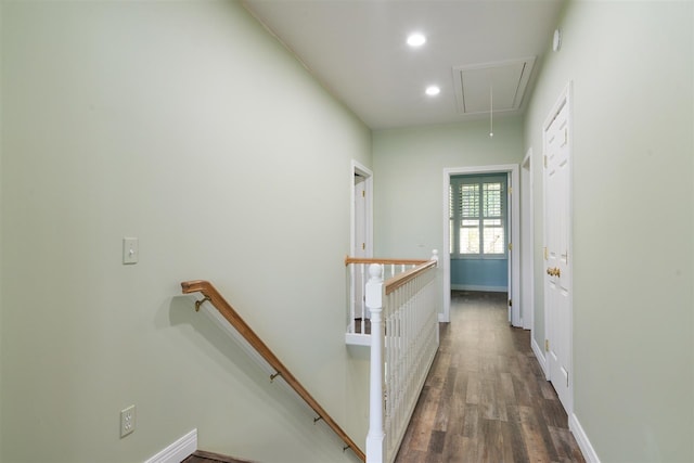 hallway with dark hardwood / wood-style flooring