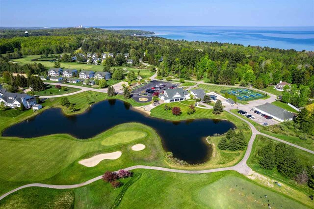 bird's eye view with a water view