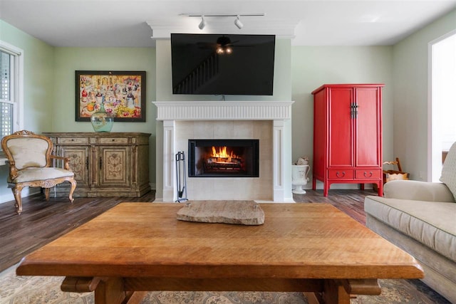 living room featuring a tiled fireplace, rail lighting, and dark hardwood / wood-style flooring