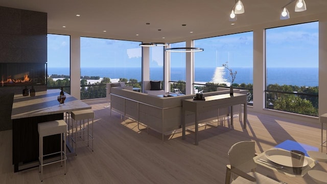 living room featuring a healthy amount of sunlight, hardwood / wood-style floors, and a water view