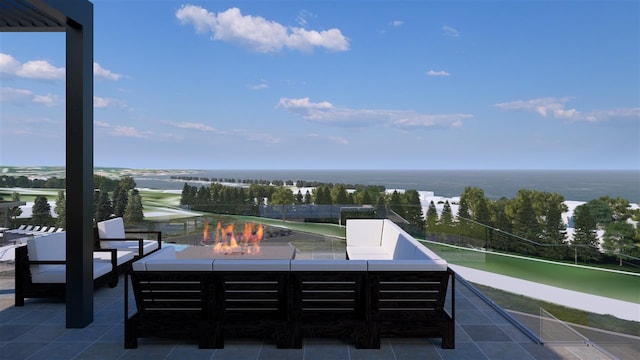 view of terrace featuring a water view and a fire pit