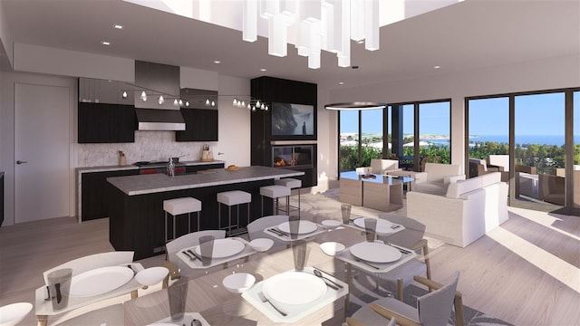 dining room featuring a water view, sink, and light hardwood / wood-style floors