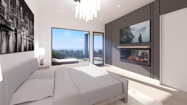 bedroom featuring an inviting chandelier and light hardwood / wood-style floors