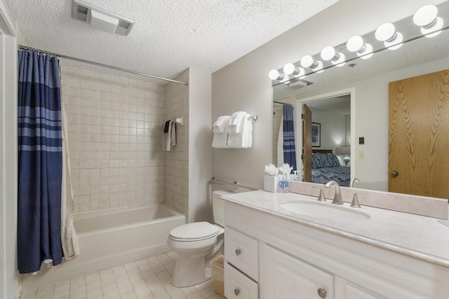 full bathroom featuring tile patterned flooring, shower / tub combo, a textured ceiling, and vanity