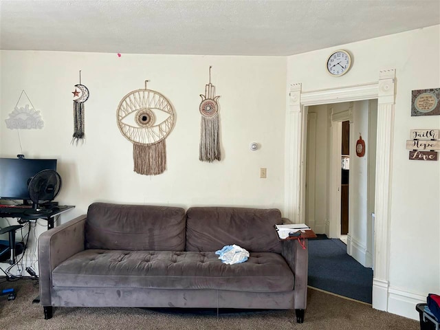 living room featuring a textured ceiling and carpet flooring