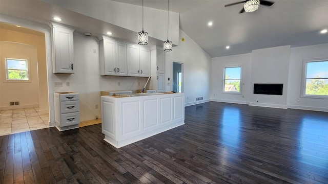 kitchen with dark hardwood / wood-style flooring, white cabinetry, and a healthy amount of sunlight