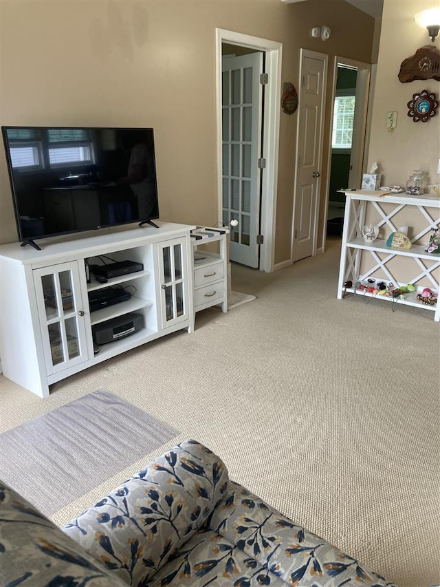 bedroom with light carpet