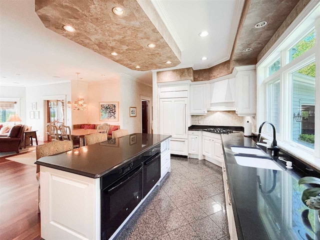 kitchen with sink, premium range hood, a healthy amount of sunlight, and crown molding