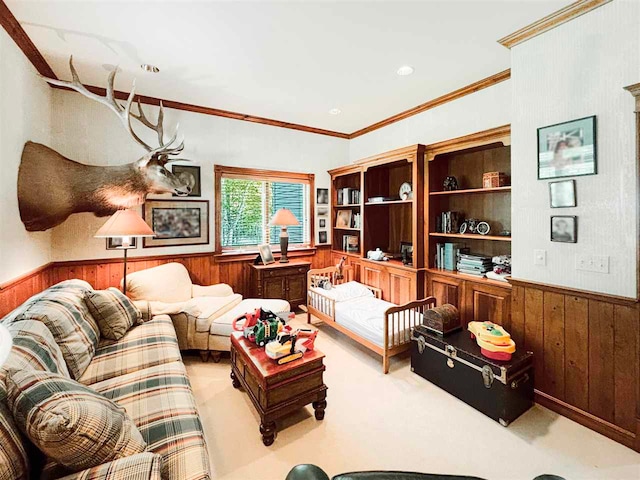 living room with light colored carpet and ornamental molding