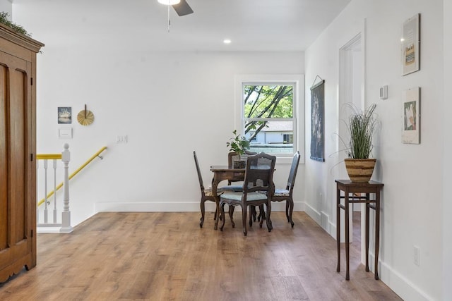 401 Antrim St, Charlevoix, MI 49720 - dining area with a ceiling fan, light wood finished floors, baseboards, and recessed lighting