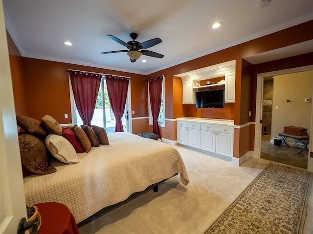 bedroom with crown molding, ceiling fan, light carpet, and access to outside