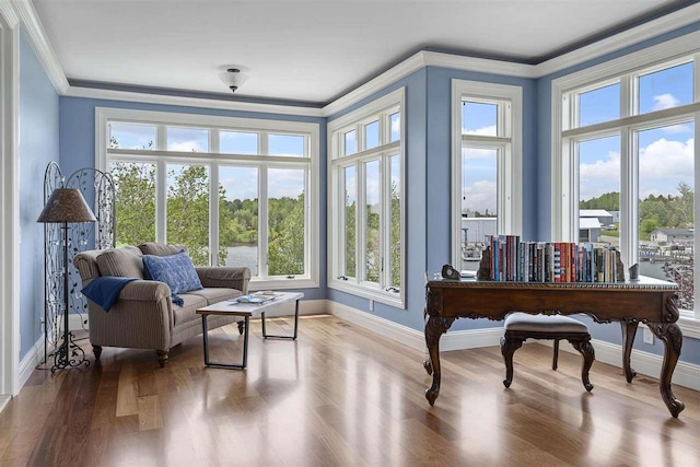 1439 Lindburgh Ln, Cheboygan, MI 49721 - living area with ornamental molding, healthy amount of natural light, and wood finished floors