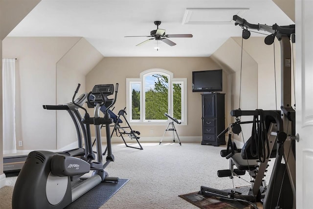1439 Lindburgh Ln, Cheboygan, MI 49721 - workout area featuring a ceiling fan, carpet flooring, and vaulted ceiling