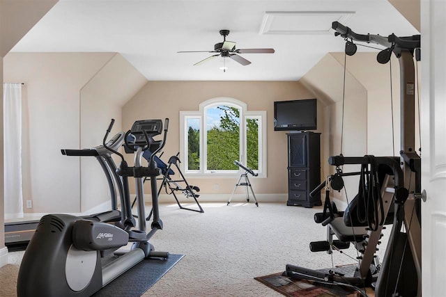 workout area with ceiling fan and carpet floors