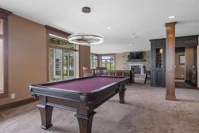 1439 Lindburgh Ln, Cheboygan, MI 49721 - playroom featuring carpet floors, a fireplace, pool table, and recessed lighting
