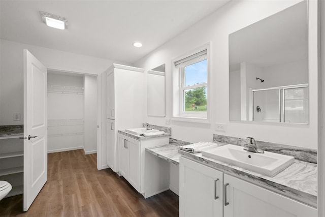 bathroom featuring vanity, toilet, and hardwood / wood-style flooring