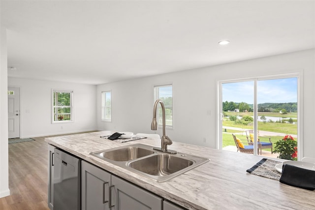 kitchen featuring gray cabinetry, light hardwood / wood-style flooring, a wealth of natural light, and stainless steel dishwasher