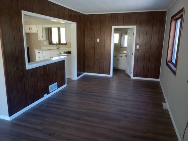 kitchen featuring dark hardwood / wood-style floors, wood walls, sink, and crown molding