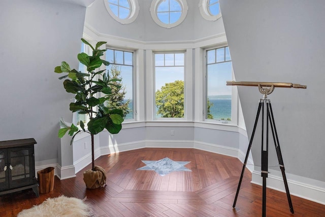 living area featuring plenty of natural light, dark parquet flooring, and a water view