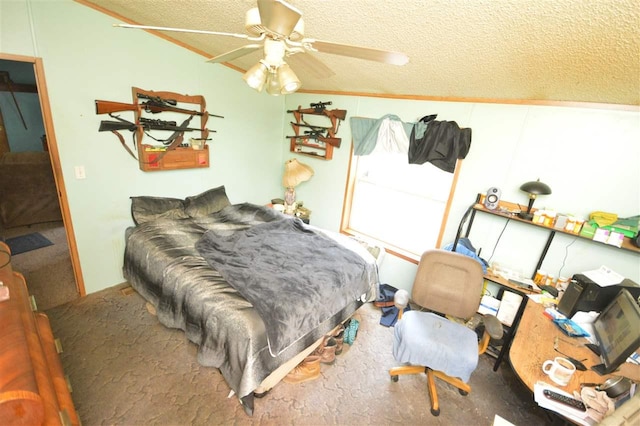 bedroom featuring carpet, a textured ceiling, ceiling fan, and ornamental molding