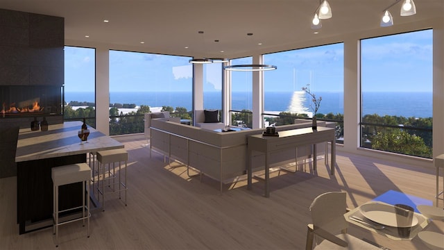 interior space with a water view, hardwood / wood-style floors, and floor to ceiling windows